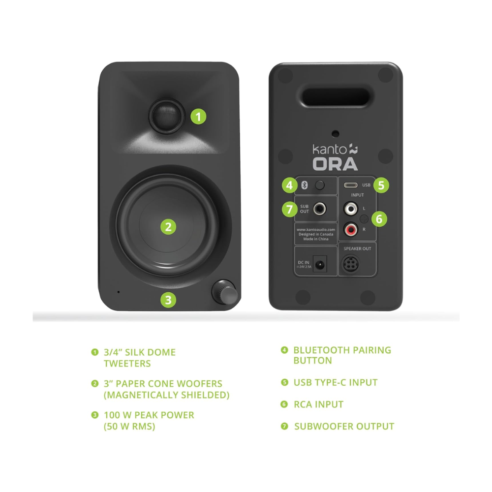 Kanto Audio ORAMB 100W Powered Reference Desktop Speakers with BT 5.0 and USB-C Input, Type G Power Cord, Matte Black (Sold in Pairs)