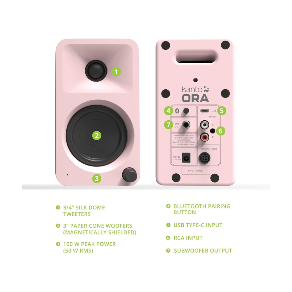 Kanto Audio ORAMP 100W Powered Reference Desktop Speakers with Bluetooth 5.0 and USB-C Input, Type G Power Cord, Matte Pink (Sold in Pairs)
