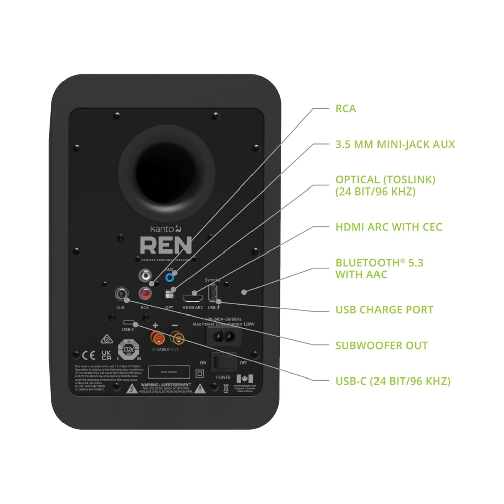Kanto Audio REN 200W Powered Speaker System with HDMI ARC Input, with BT 5.3 & USB-C Input, Type G Power Cord, Matte Black (Sold in Pairs)