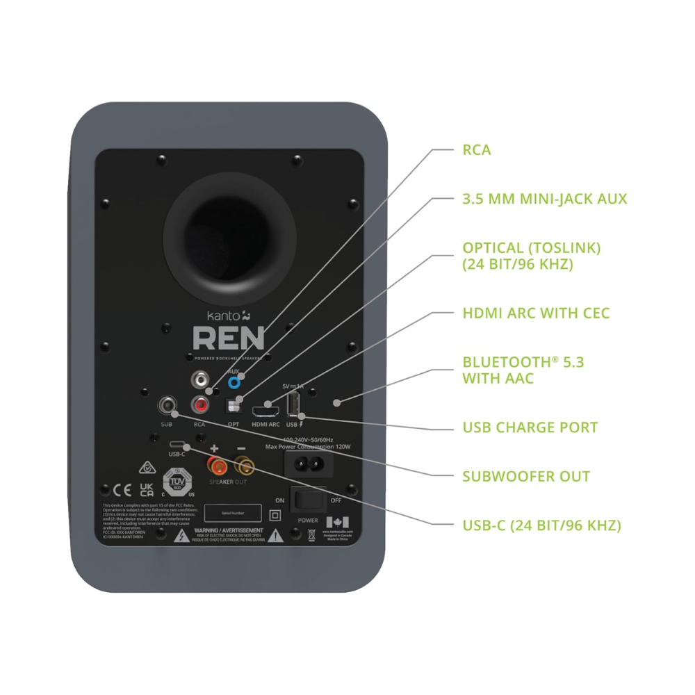 Kanto Audio REN 200W Powered Speaker System with HDMI ARC Input, with BT 5.3 & USB-C Input, Type G Power Cord, Matte Grey (Sold in Pairs)