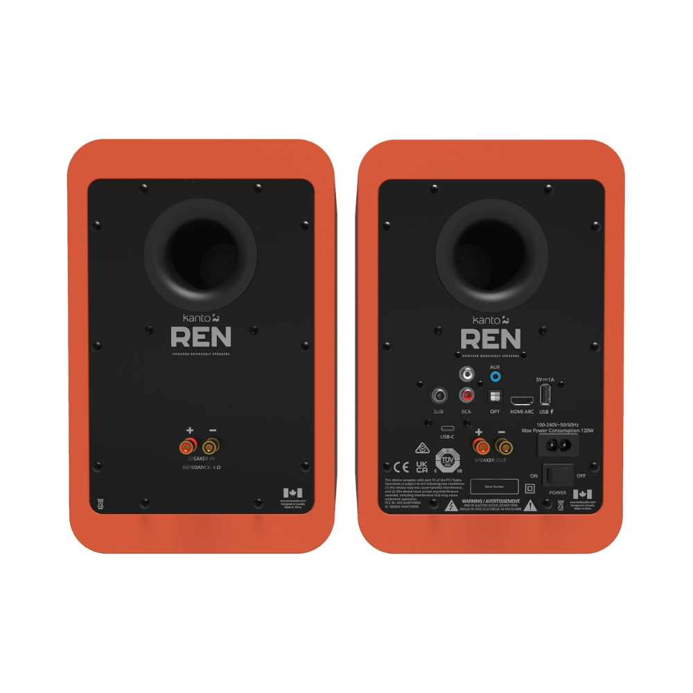 Kanto Audio REN 200W Powered Speaker System with HDMI ARC Input, with BT 5.3 & USB-C Input, Type G Power Cord, Matte Orange (Sold in Pairs)