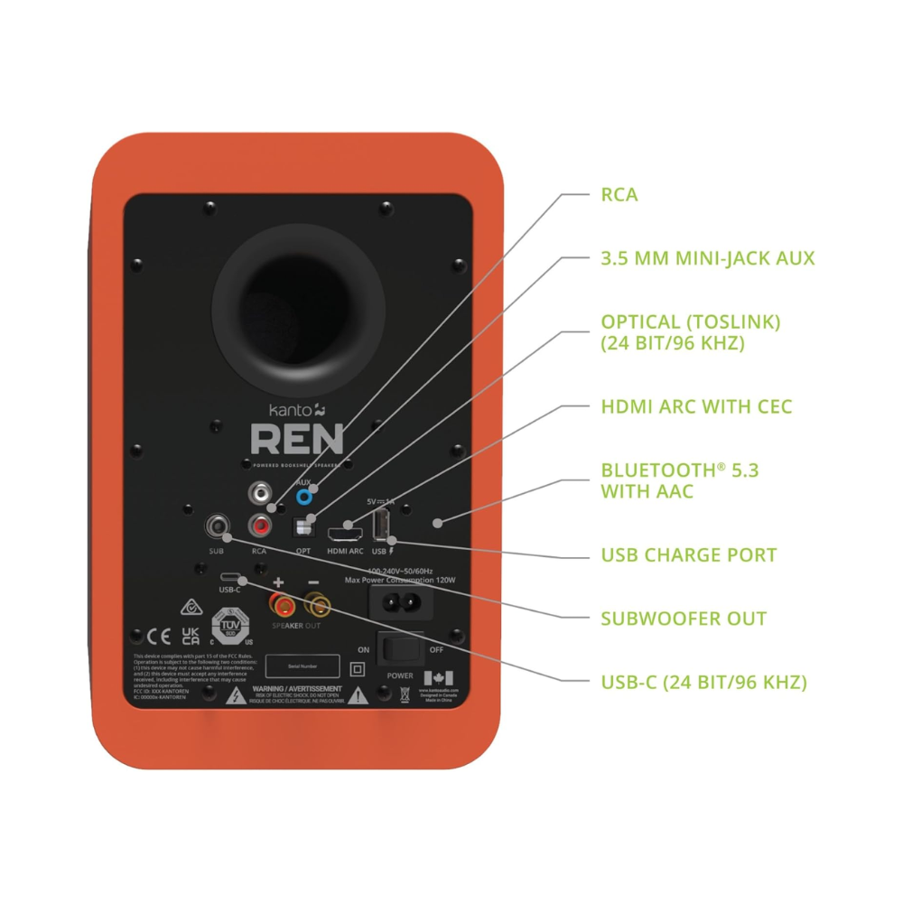 Kanto Audio REN 200W Powered Speaker System with HDMI ARC Input, with BT 5.3 & USB-C Input, Type G Power Cord, Matte Orange (Sold in Pairs)