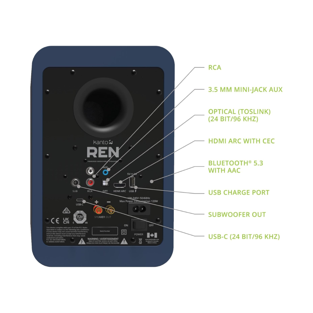 Kanto Audio REN 200W Powered Speaker System with HDMI ARC Input, with BT 5.3 & USB-C Input, Type G Power Cord, Matte Blue (Sold in Pairs)