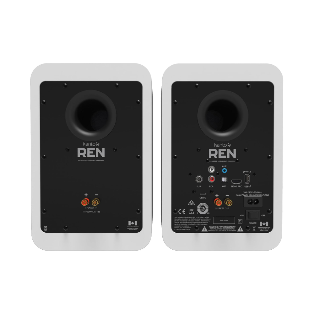 Kanto Audio REN 200W Powered Speaker System with HDMI ARC Input, with BT 5.3 & USB-C Input, Type G Power Cord, Matte White (Sold in Pairs)