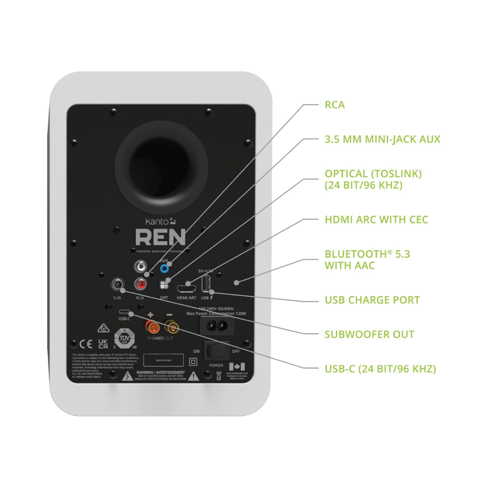 Kanto Audio REN 200W Powered Speaker System with HDMI ARC Input, with BT 5.3 & USB-C Input, Type G Power Cord, Matte White (Sold in Pairs)