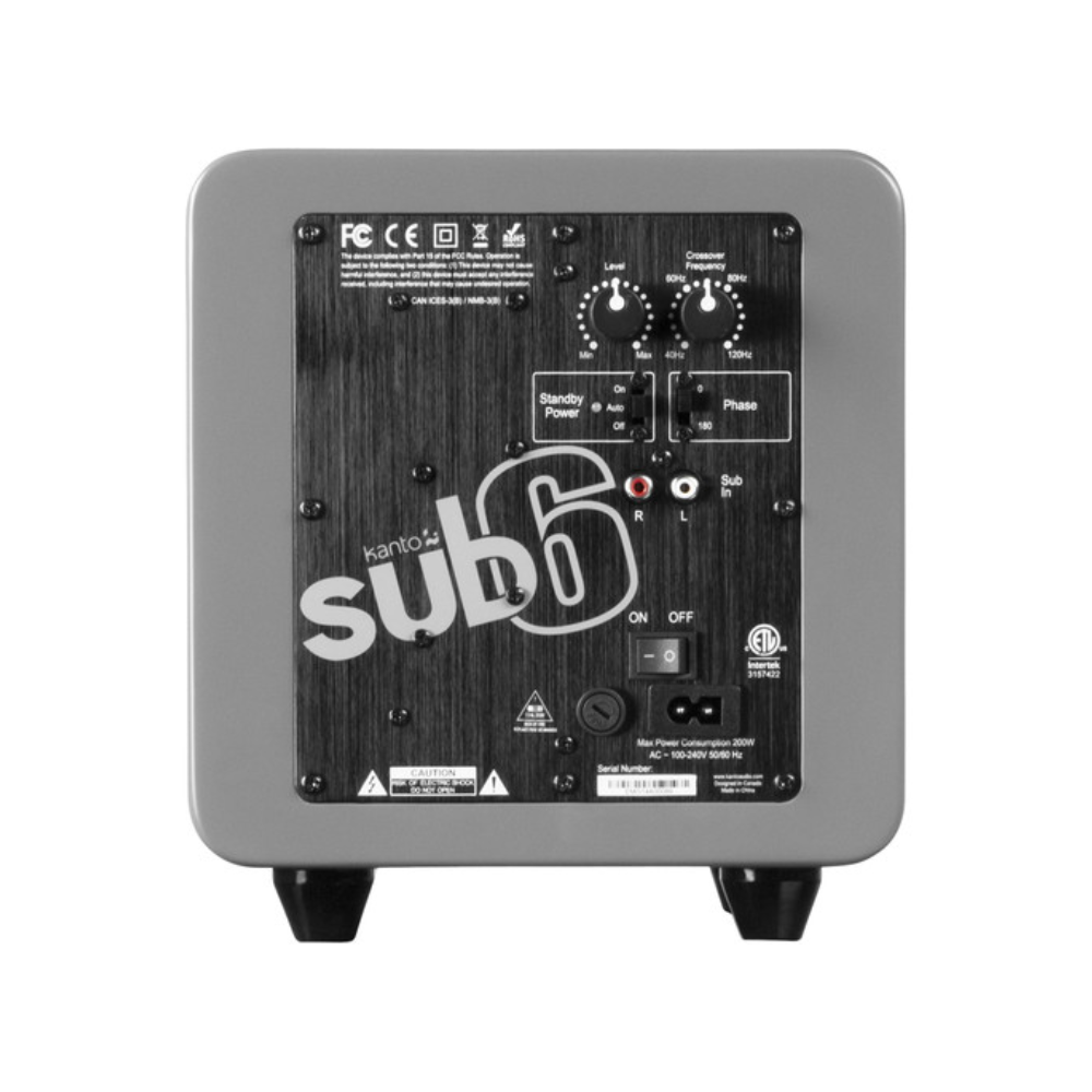 Kanto Audio SUB6 Sealed Powered Subwoofer, 200W Peak Power, 6" Woofer, Vinyl, Type C and Type G Power Cords, Matte Grey