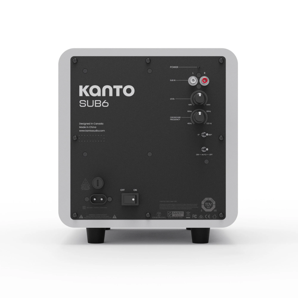 Kanto Audio SUB6 Sealed Powered Subwoofer, 200W Peak Power, 6" Woofer, Vinyl, Type C and Type G Power Cords, Matte White / White Grille