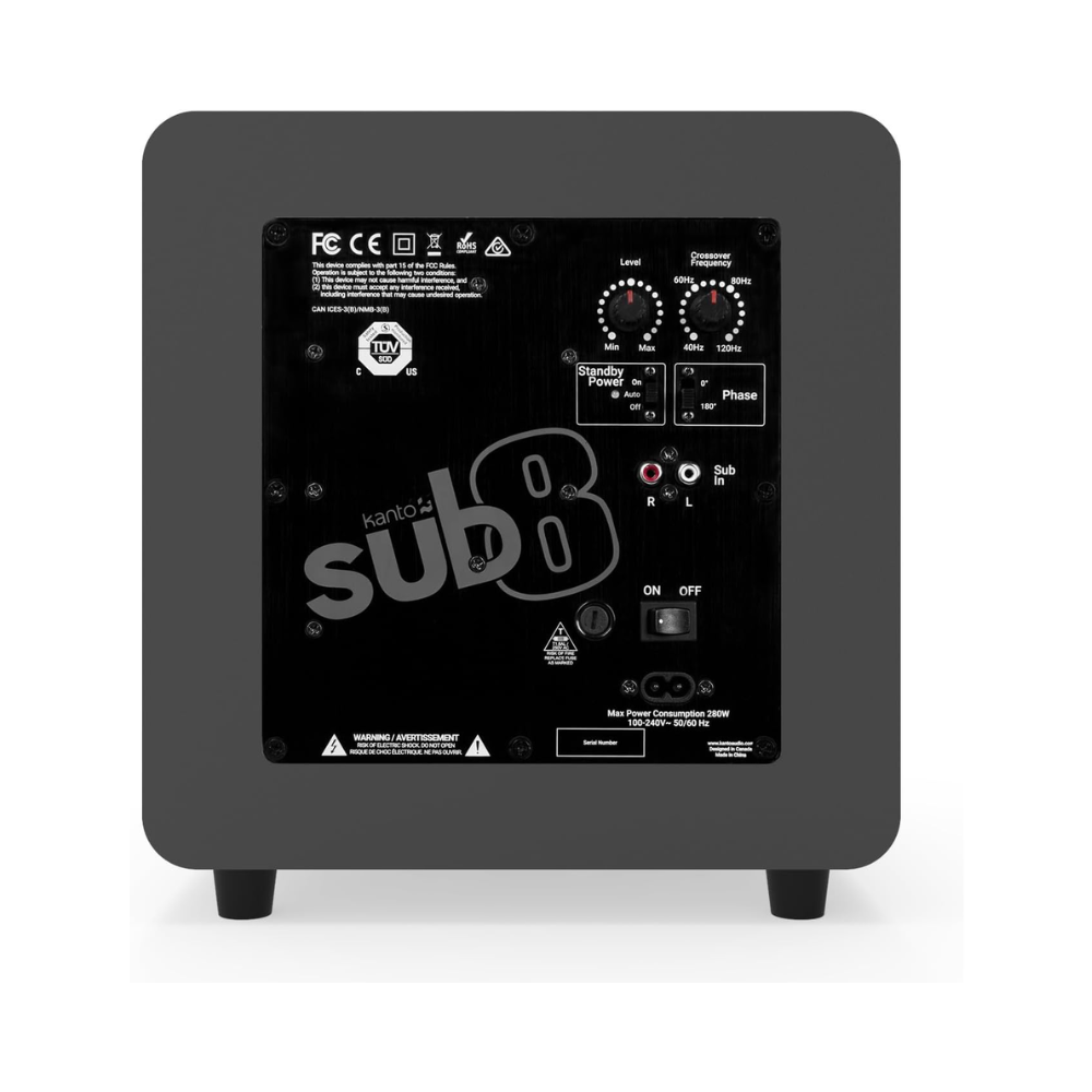 Kanto Audio SUB8 Sealed Powered Subwoofer, 300W Peak Power, 8" Woofer, Vinyl, Type C and Type G Power Cords, Matte Grey