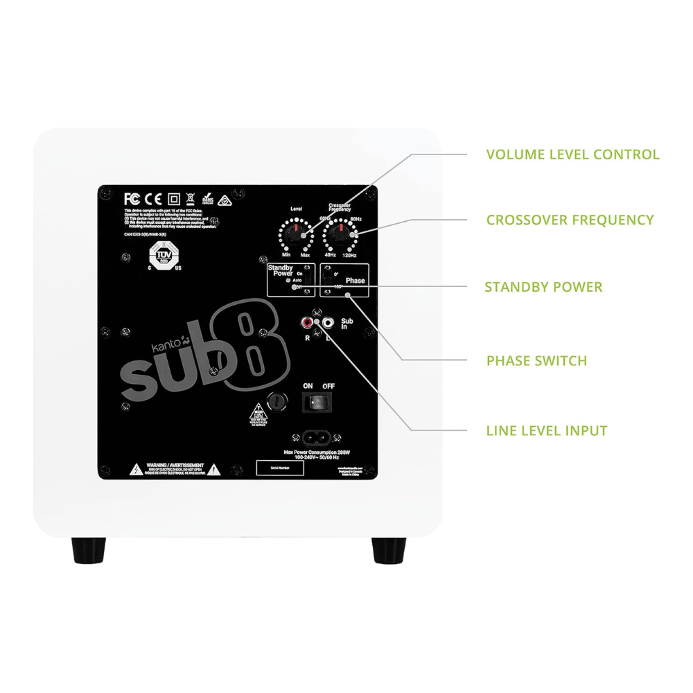Kanto Audio SUB8 Sealed Powered Subwoofer, 300W Peak Power, 8" Woofer, Vinyl, Type C and Type G Power Cords, Matte White