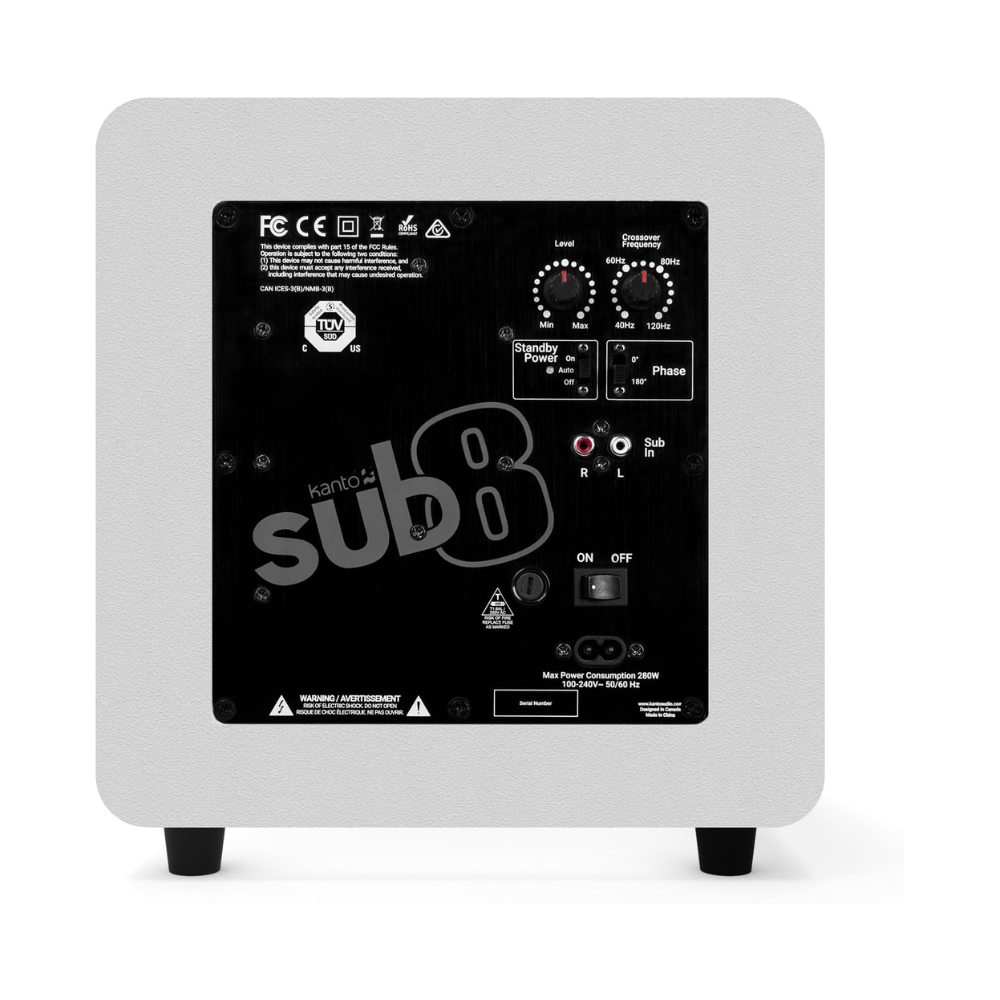 Kanto Audio SUB8 Sealed Powered Subwoofer, 300W Peak Power, 8" Woofer, Vinyl, Type C and Type G Power Cords, Matte White