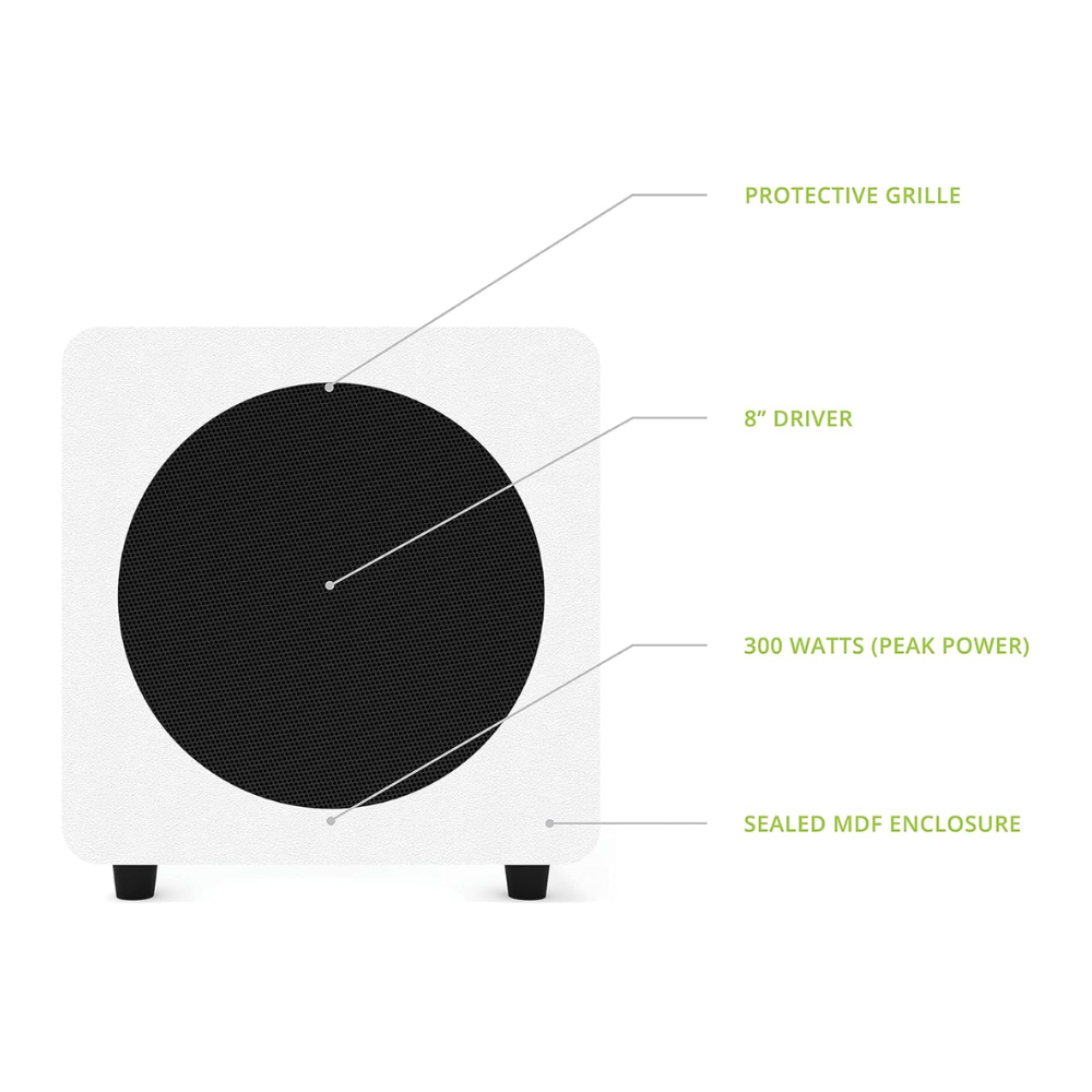 Kanto Audio SUB8 Sealed Powered Subwoofer, 300W Peak Power, 8" Woofer, Vinyl, Type C and Type G Power Cords, Matte White