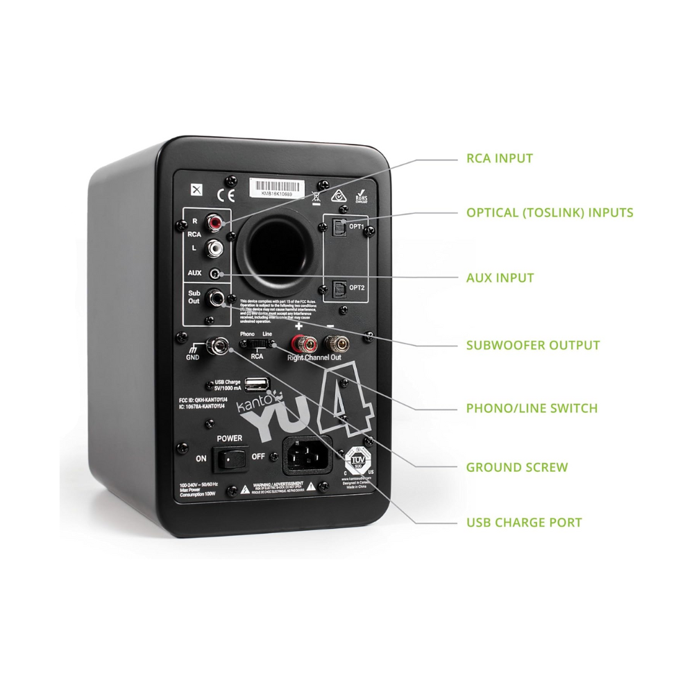 Kanto Audio YU4MB Powered Speakers with Bluetooth and Built-in Phono Preamp, Type F and Type G Power Cords, Matte Black (Sold in Pairs)