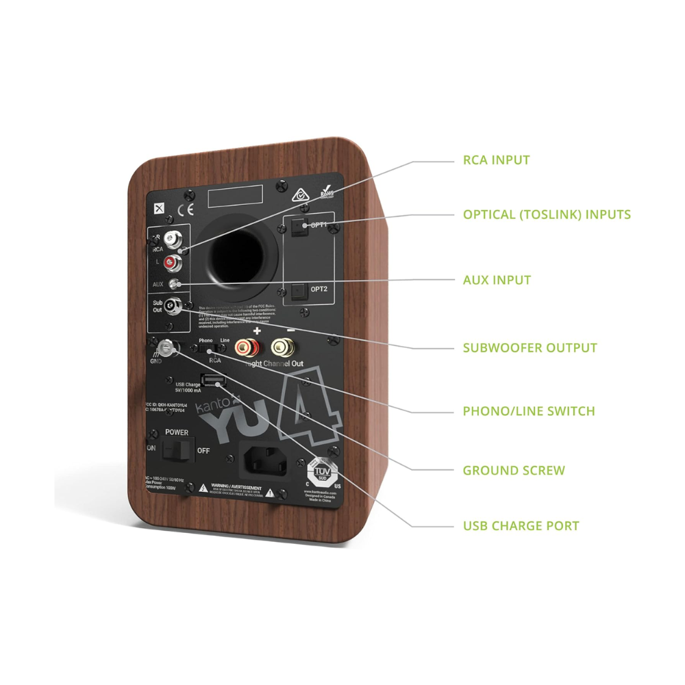 Kanto Audio YU4 Powered Bookshelf Speakers, Walnut (Sold in Pairs)