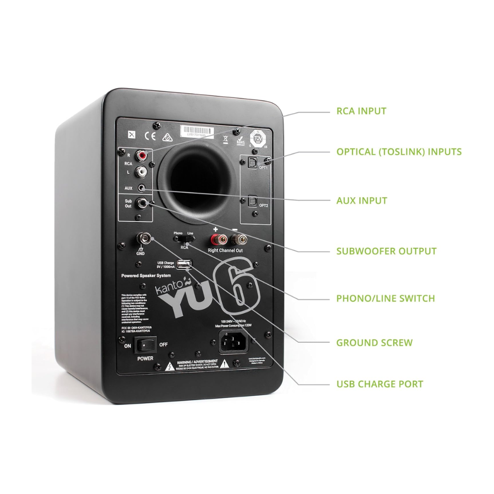 Kanto Audio YU6MB Powered Bookshelf Speakers with Bluetooth and Phono Preamp, Type F and Type G Power Cords, Matte Black (Sold in Pairs)