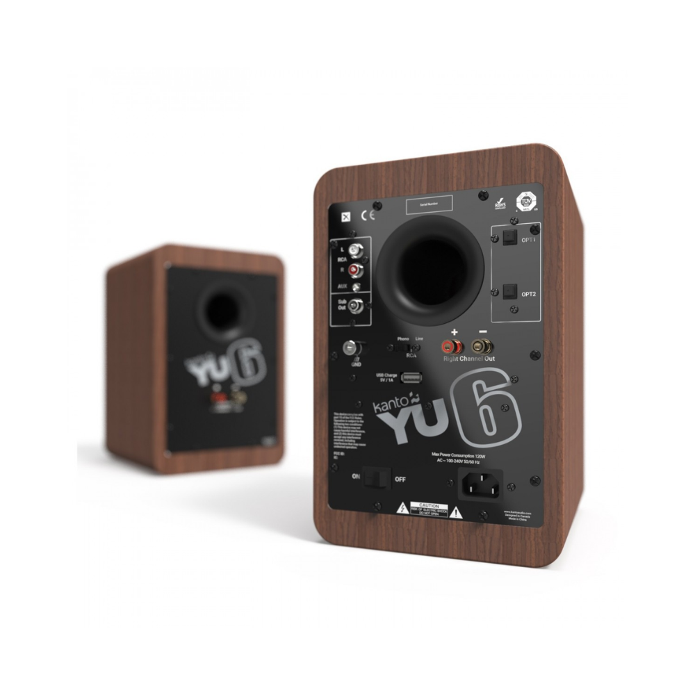 Kanto Audio YU6MB Powered Bookshelf Speakers with Bluetooth and Phono Preamp, Type F and Type G Power Cords, Walnut (Sold in Pairs)
