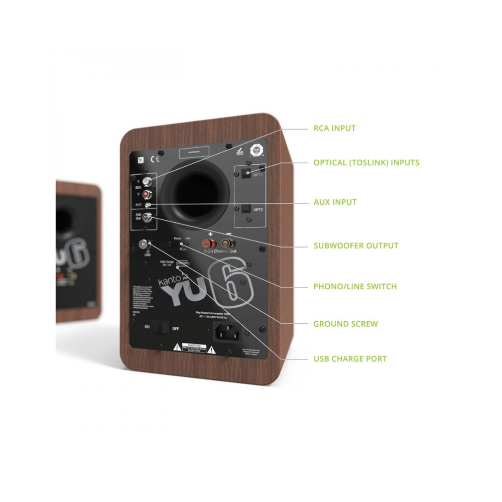 Kanto Audio YU6MB Powered Bookshelf Speakers with Bluetooth and Phono Preamp, Type F and Type G Power Cords, Walnut (Sold in Pairs)