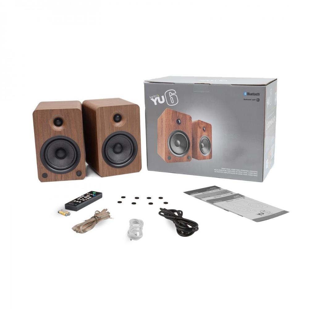 Kanto Audio YU6MB Powered Bookshelf Speakers with Bluetooth and Phono Preamp, Type F and Type G Power Cords, Walnut (Sold in Pairs)