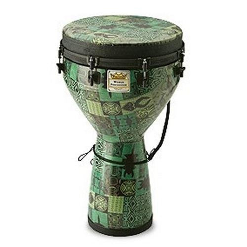 Remo Djembe, MONDO™, Designer Series, Key-Tuned, 14" x 25", SKYNDEEP®, Contour Tuning Brackets, Green Kinte Finish