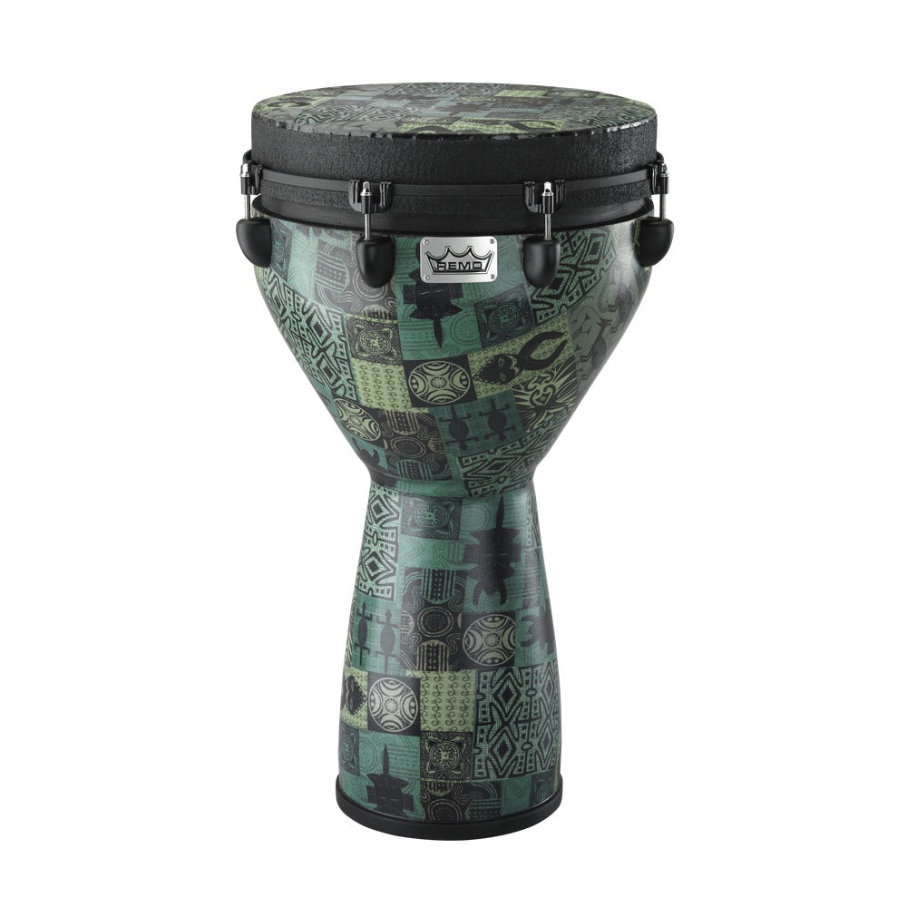 Remo Djembe, MONDO™, Designer Series, Key-Tuned, 14" x 25", SKYNDEEP®, Contour Tuning Brackets, Green Kinte Finish