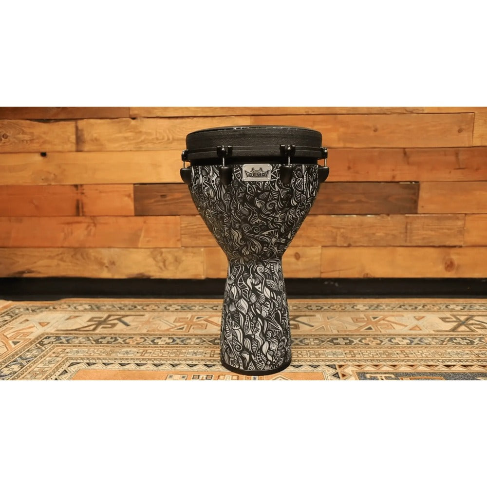 Remo Djembe, ARTBEAT® Artist Collection, Key-Tuned, 14" x 25", BLACK SUEDE™, Contour Tuning Brackets, Aux Moon, Artwork By Aric Im